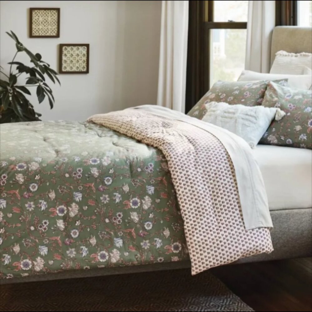THRESHOLD-Boho Reversible Print 3pc Comforter /Sham Set-Floral Green-Queen/ Full